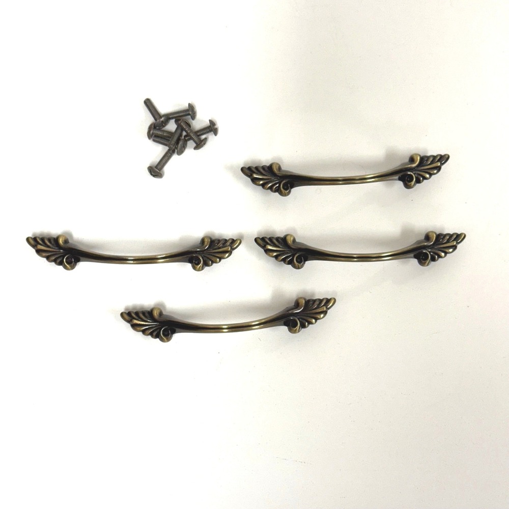 Set of 4 Antique Brass Leaf Drawer Pulls 3 Inch Center to Center Handles